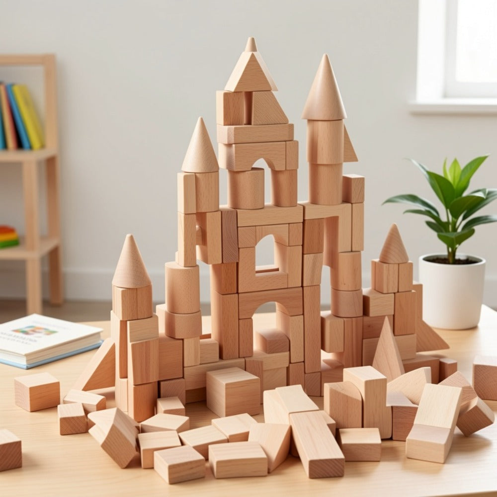 Natural Beech Wood Blocks 100 Piece Unpainted Solid Wooden Building Set, STEM Logical Thinking Toy for Kids Ages 3-12 — image