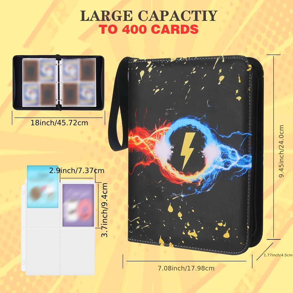 Trading Card Binder 400 Pockets – Faux Leather Lightning Bolt Design, Double-Sided Sleeves for Pokemon MTG TCG Sports Cards —
