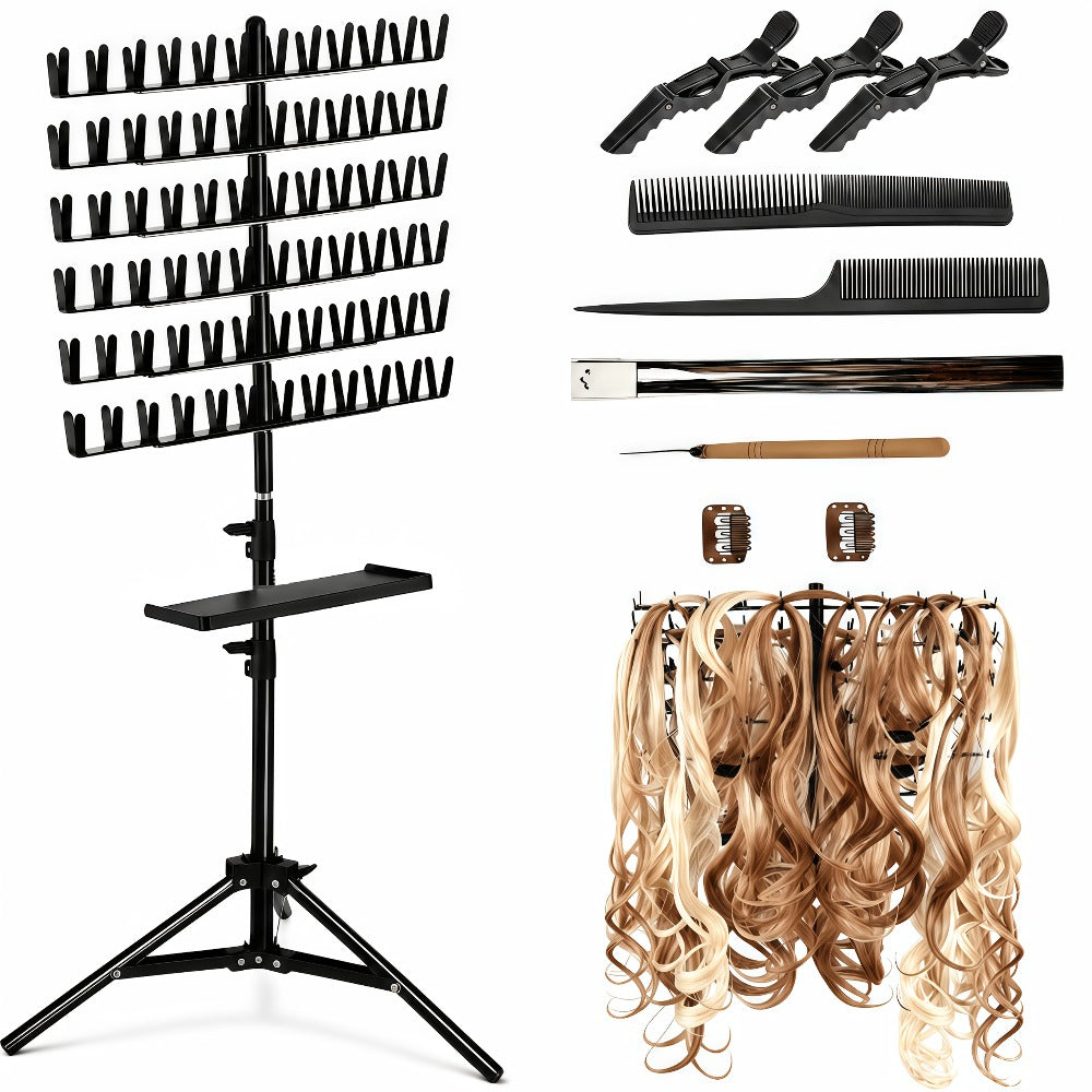 Braiding Hair Rack 144 Pegs Height Adjustable 2-Side Hair Extension Holder Stand with Tray – Foldable Portable Professional B