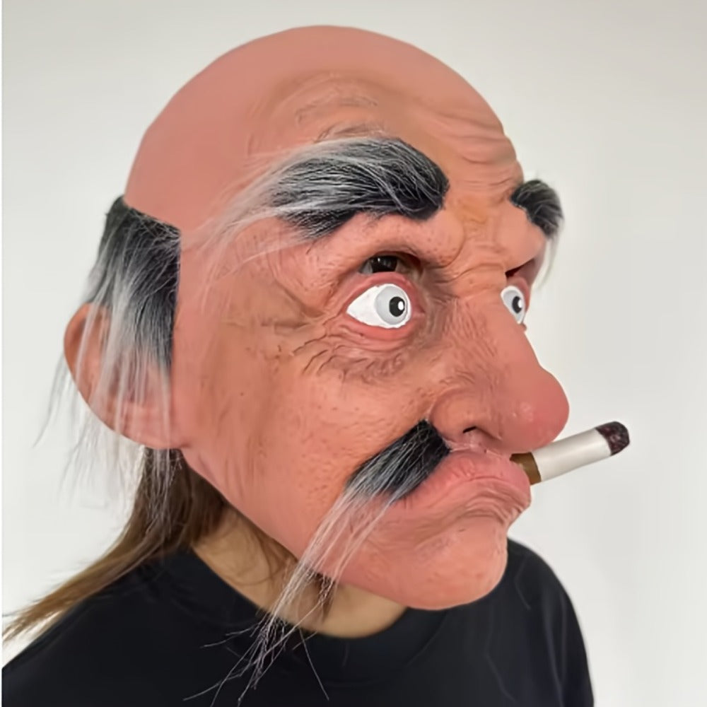 Bald Old-Man Full-Head Costume Mask with Gray Brows, Mustache, Side Hair and Faux Cigar for Adult Halloween Parties — image 2