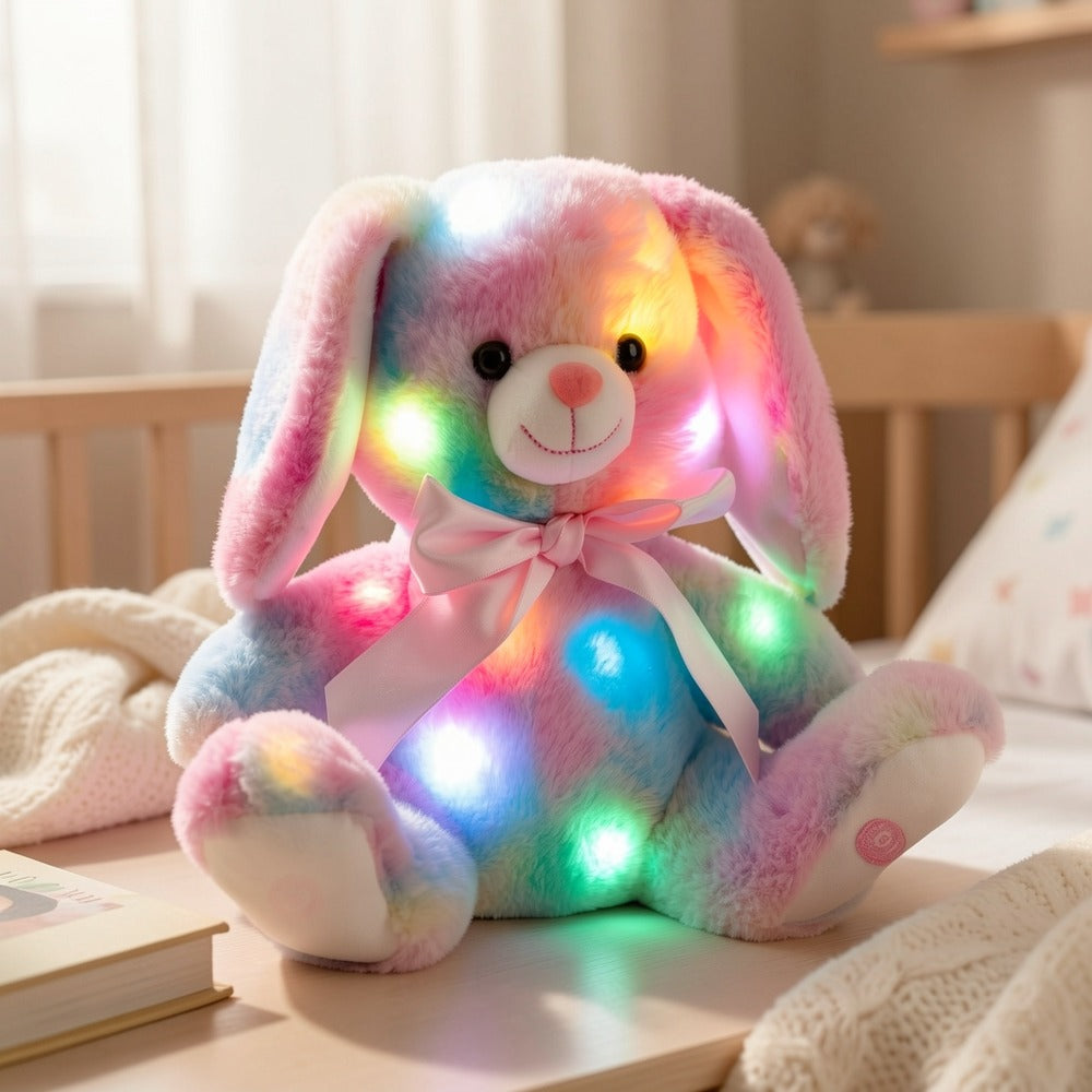 Musical Glowing Bunny Plush Toy 10 Inch, Rainbow Lop Ear Rabbit Stuffed Animal with LED Night Light & Lullaby Music for Toddl