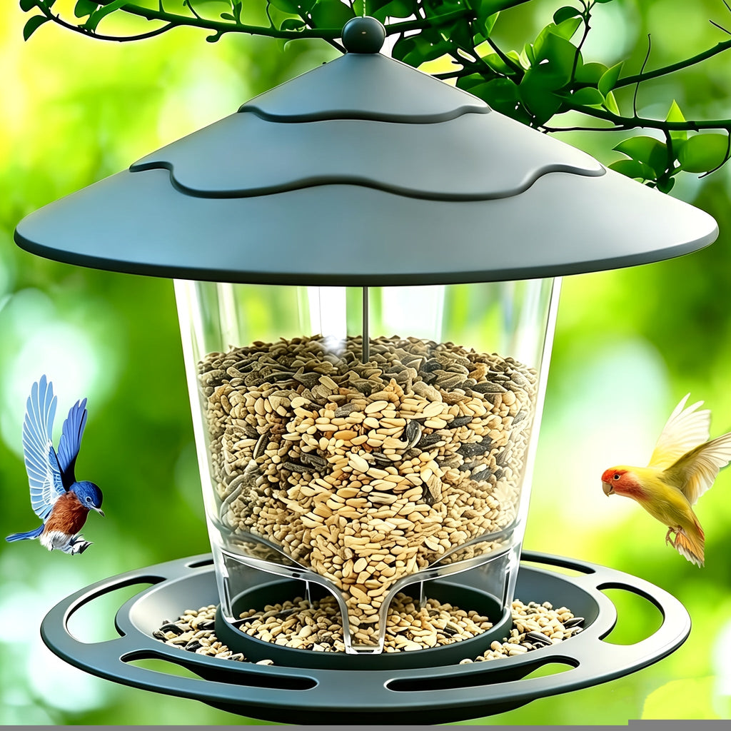 Hanging Bird Feeder with Tiered Roof, Clear Seed Chamber and Brown, Grey or Green Finish Options — image 6