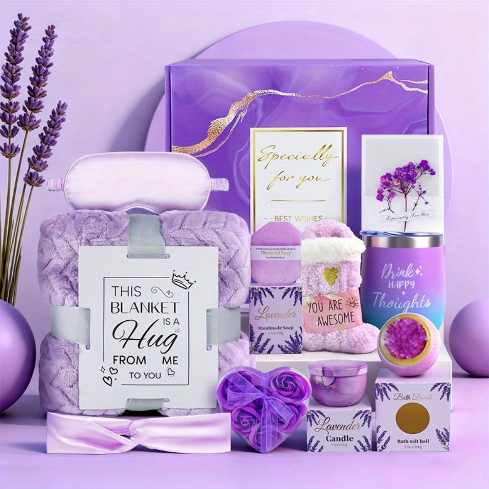 Luxury Spa Gift Set for Women 10-Piece Rose Scented Candles Bath Salt Balls Dried Flowers Eye Mask Soap Blanket Socks Hair Ri