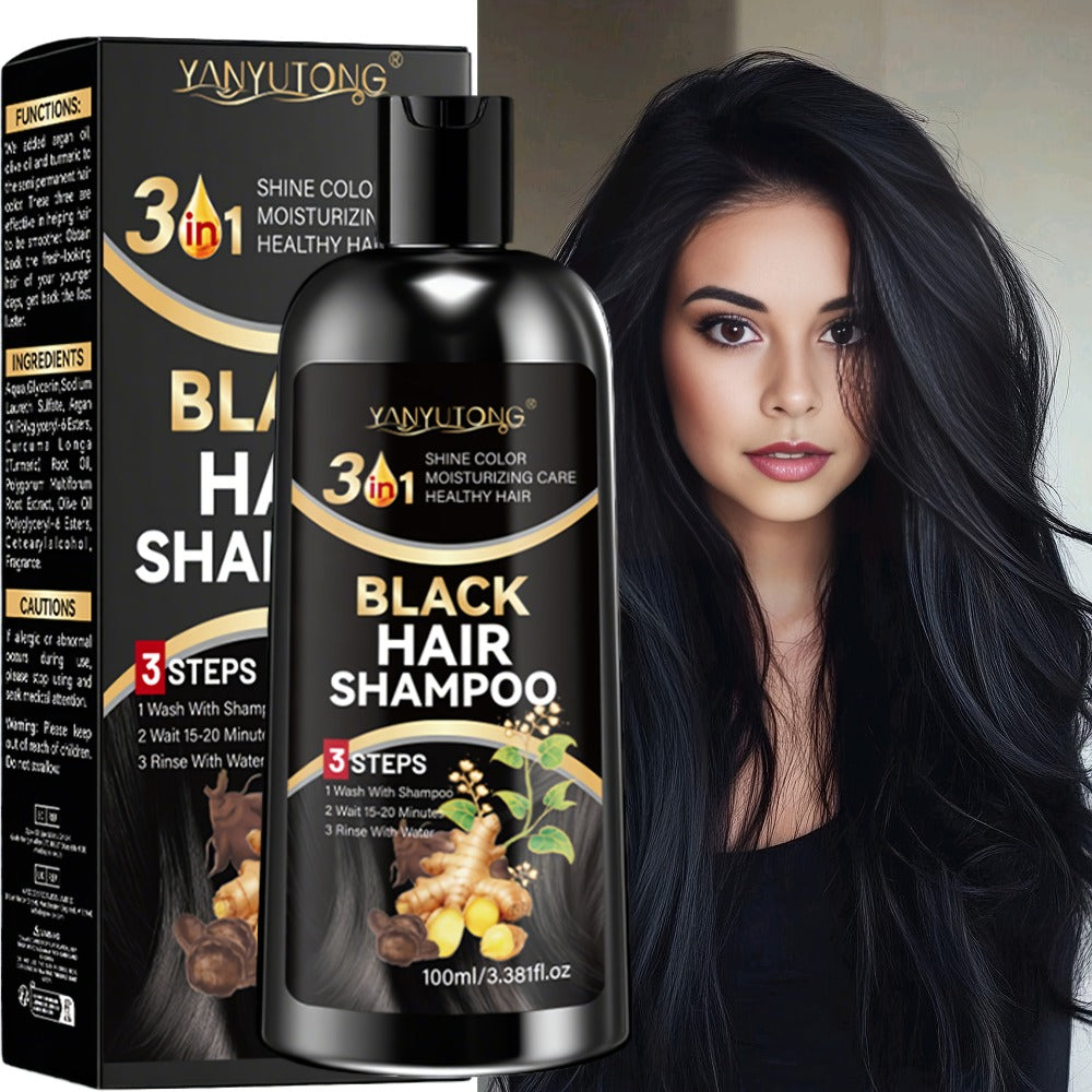 Hair Dye Shampoo, YANYUTONG 100ml Black 3-in-1 Bottle with Three-Step Package Directions for Home Use — image 1