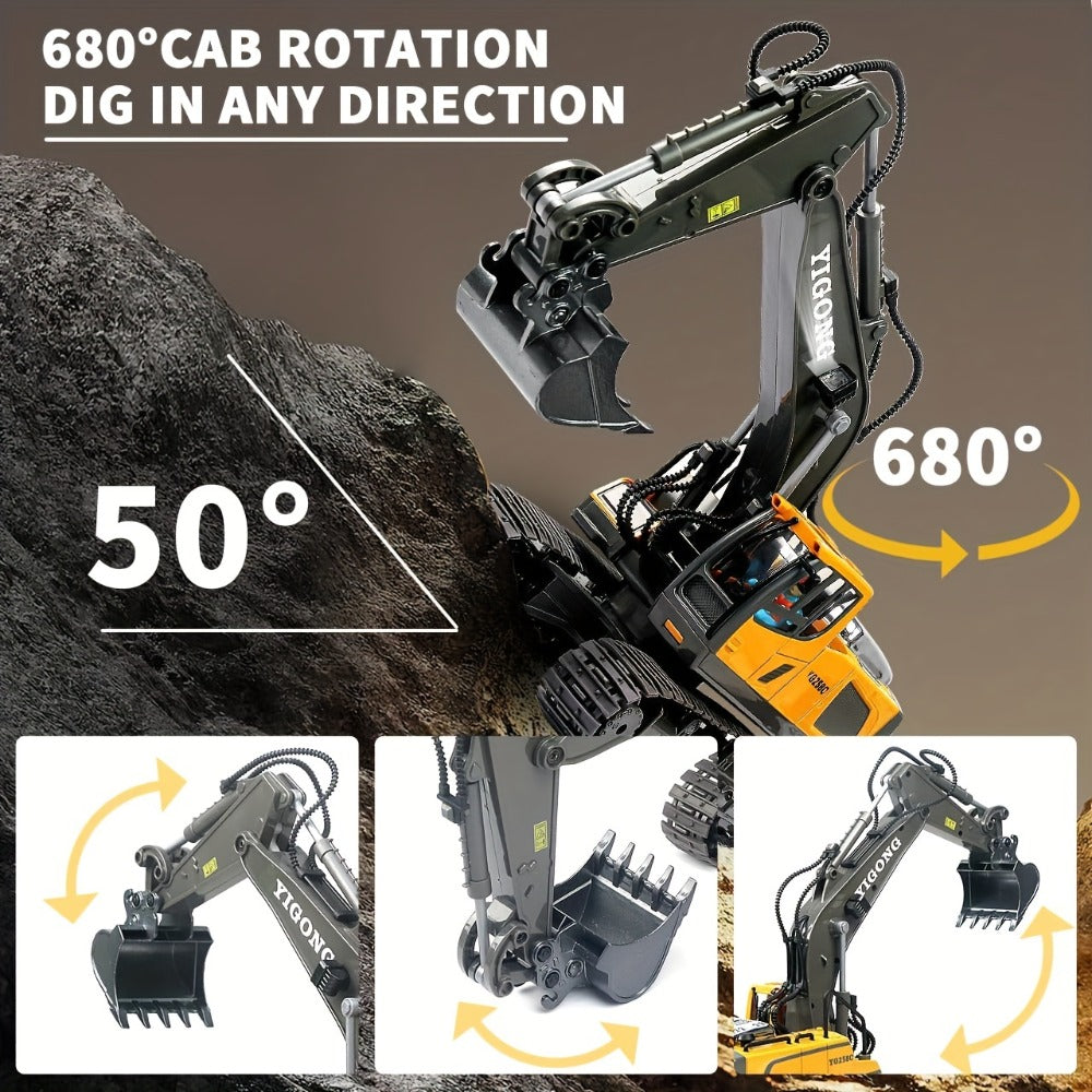 RC Excavator Toy 1:24 Scale 2.4GHz 9-Channel Remote Control with Alloy Metal Cap Lights & Sound Rechargeable Battery — image 