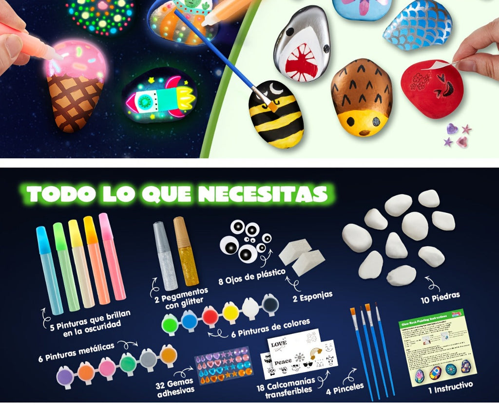 Glow Rock Painting Craft Kit with 10 Rocks, Paints, Brushes, Gems and Stickers in One- or Two-Pack Options — image 13
