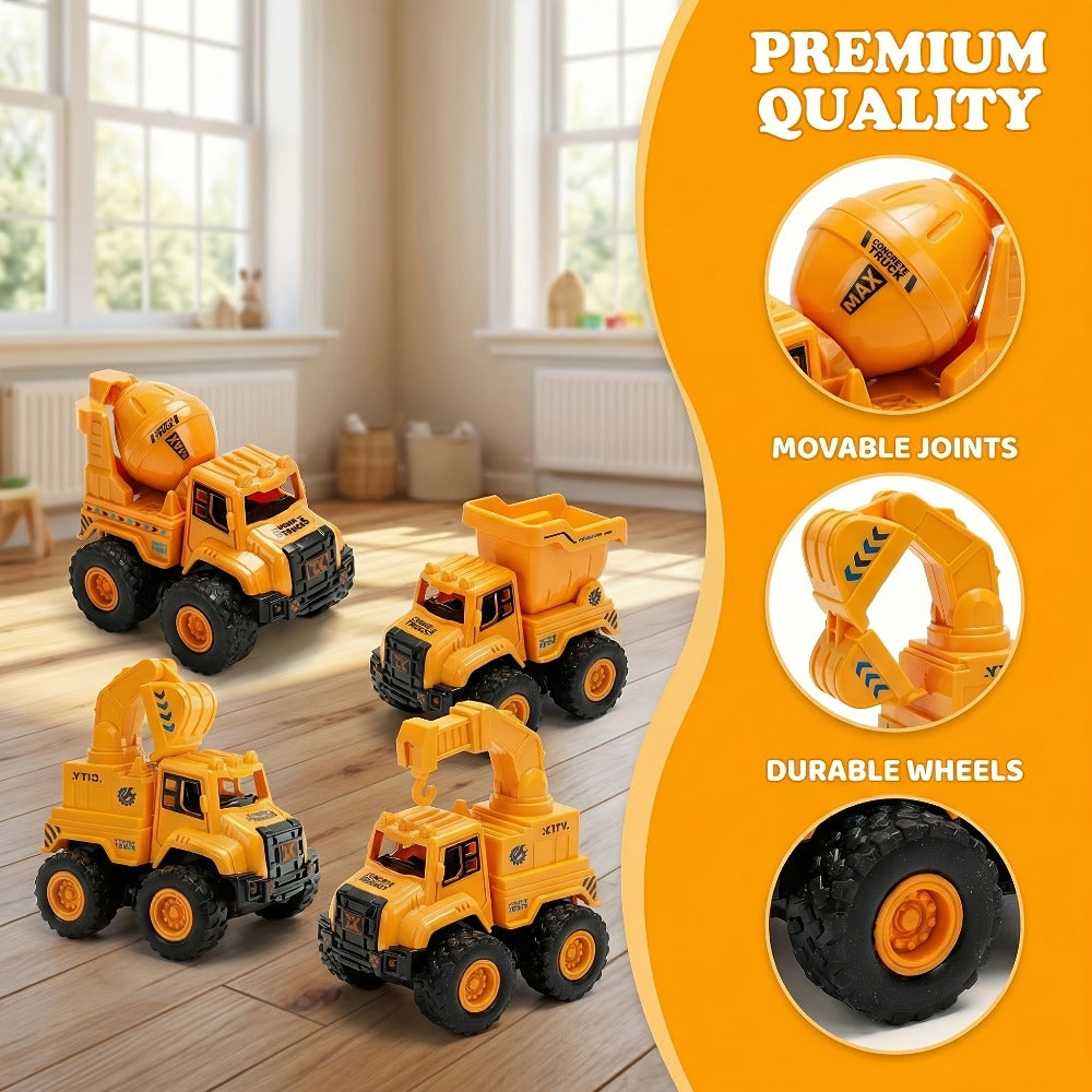 4-Piece Construction Truck Set for Kids, Excavator Dump Truck Crane Cement Mixer Sandbox STEM Engineering Vehicle Playset — i