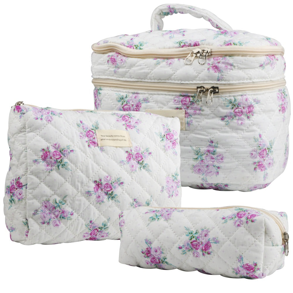 Quilted Floral Makeup Bag Set 3PCS Large Capacity Dual Layer Cotton Cosmetic Bags Coquette Aesthetic Travel Toiletry Organize