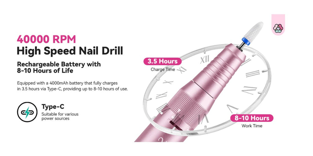 Electric Nail Drill 40000 RPM Rechargeable Professional Nail Drill Machine 4000mAh Battery LCD Display Ceramic Bits Sanding B