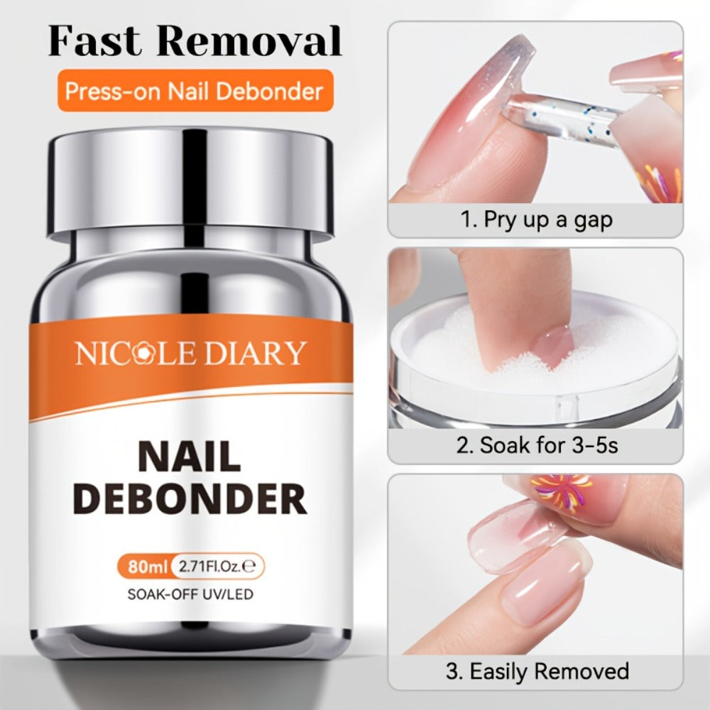 Press On Nail Debonder Remover 80ml – Fast 3-5 Second Soak-Off Liquid for False Tips, Rhinestone Glue Remover, No Damage Easy