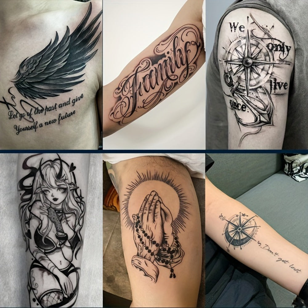 Temporary Tattoos, 6-Sheet Black Compass, Wings and Anchor Set with Large Body Art Designs — image 2