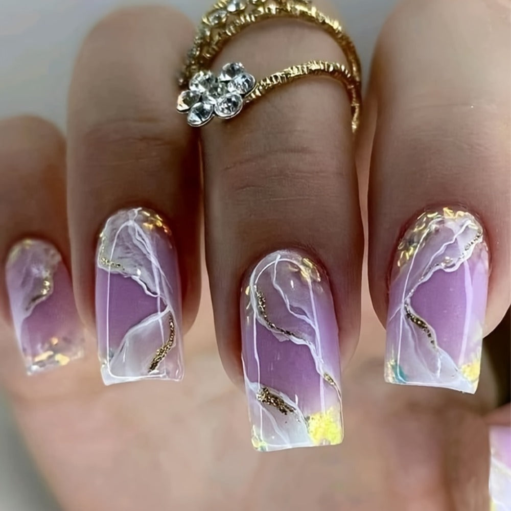 Press On Nails 144-Piece Medium Coffin Set with Blue Marble, Sequins and Included Nail Glue — image 10