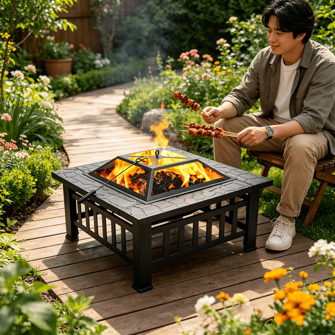 Black Square Fire Pit Table with Raised Mesh Cover, Perforated Side Panels and Wood-Burning Bowl — image 2