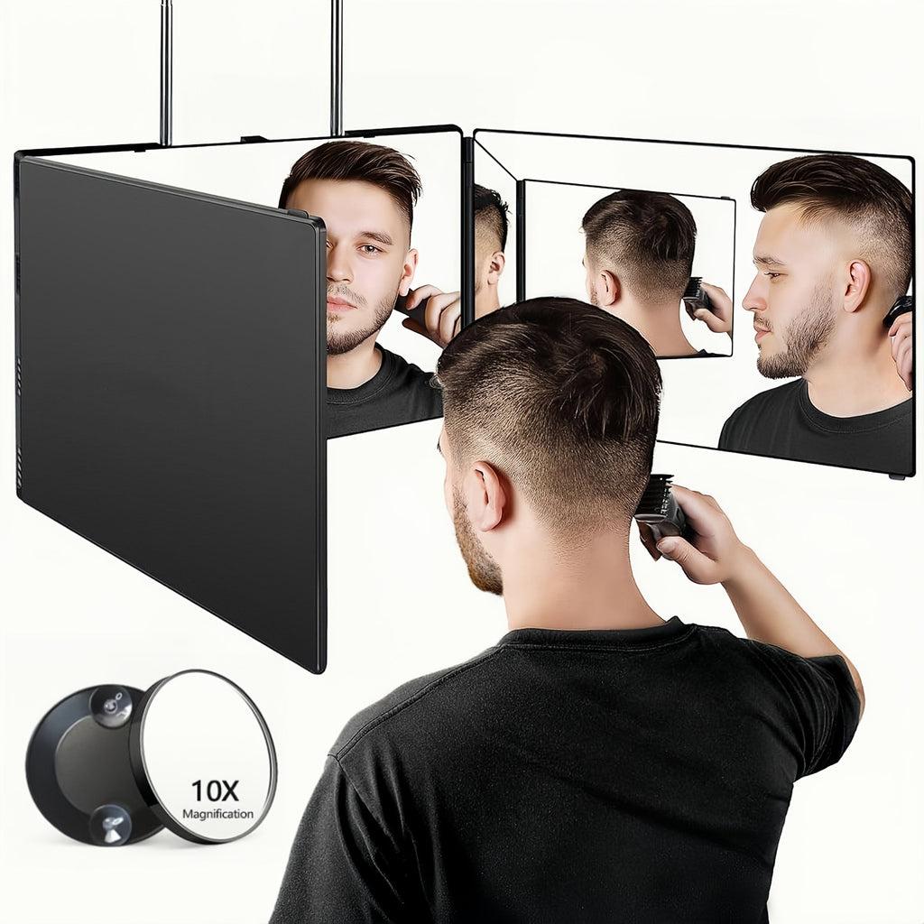 Self Hair Cutting Mirror 360° View 3-Way Anti-Fog HD Glass with 10X Magnifying Mirror – Height Adjustable Door Wall Table Mou