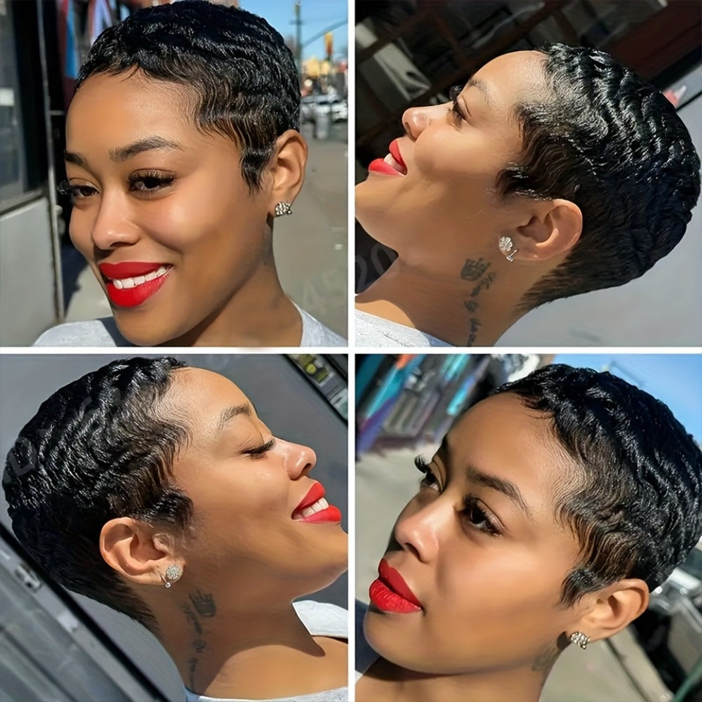 Deep Wave Pixie-Cut Human Hair Wig with Bangs and Short Full Cap in a Black 4-Inch Hair Style — image 6