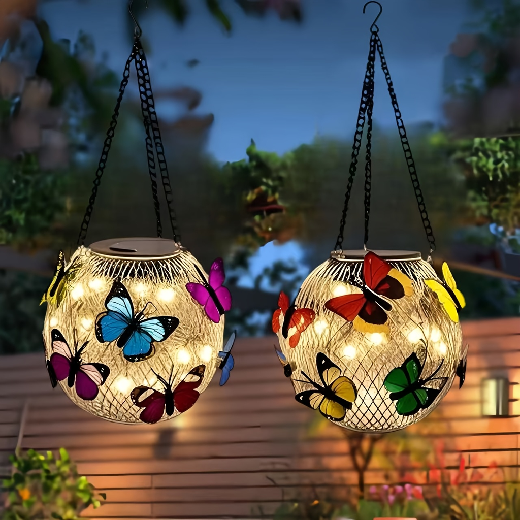 Solar Outdoor Lights 2-Pack Metal Butterfly Hanging Lanterns in Warm White or Multicolor for Porch Decor — image 11
