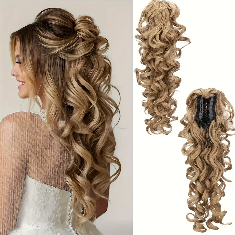 Scroll Curl Claw Clip Ponytail Extension Gradient Color 16 Inch | Synthetic Heat Resistant Hairpiece 5 Colors Linen Brown Gol