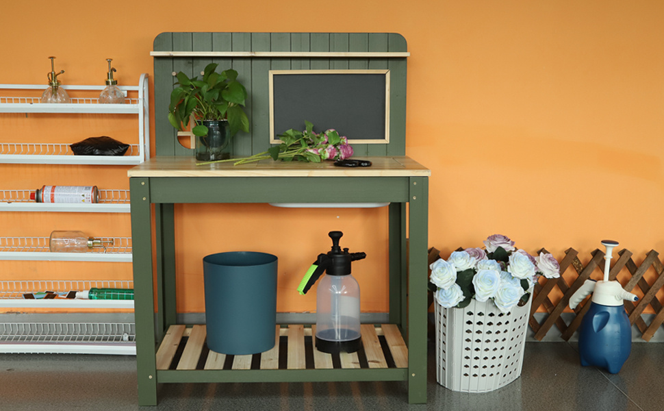 Potting Bench with Blackboard Removable Sink Hooks Double Shelf for Garden — image 31