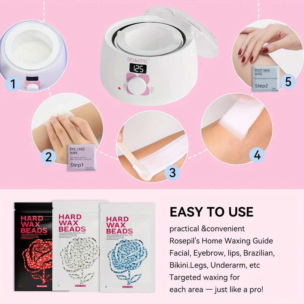 Wax Hair Removal Kit Digital Wax Pot with 6 Wax Bead Packets – Smart Temperature Control Salon-Grade Waxing Set for Body Biki
