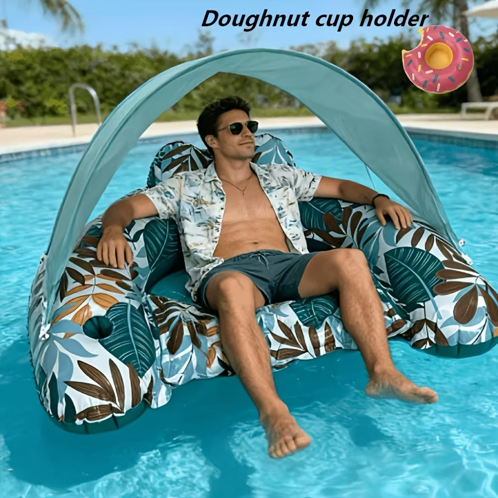Tropical Leaf Inflatable Pool Lounger with Canopy, Cup Holder, Two Donut Drink Rings and Green or Blue Options — image 2