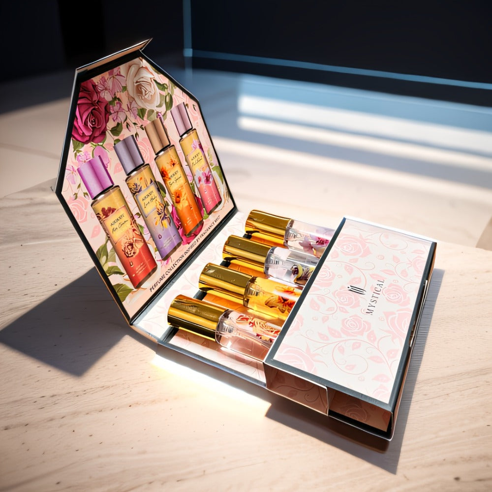 Perfume Gift Set Four 20ml Slim Spray Bottles with Gold Caps in Pink or Botanical Hinged Boxes — image 3