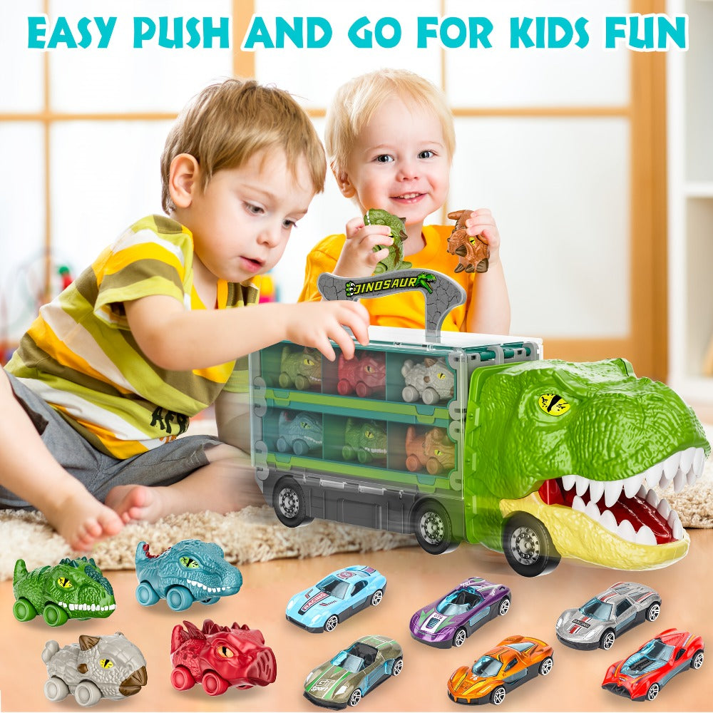 Dinosaur Truck Toys 13-in-1 Transport Carrier with 63-Inch Foldable Race Track, 6 Dino Cars + 6 Die-Cast Cars — image 6