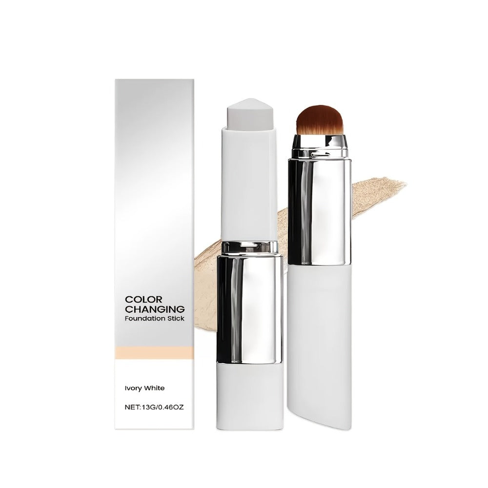 Skin Tone Adapting Color-Changing Foundation Stick 2-Piece with Built-In Brush & Puff – Lightweight Matte Finish Sheer to Bui