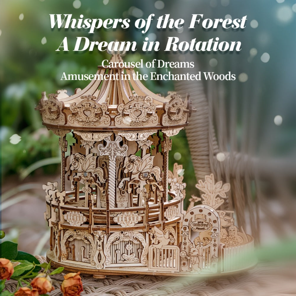 Rotating Merry-Go-Round Wooden Puzzle Kit, Mechanical Carousel 3D Model for Adults & Teens, DIY Kinetic Display Piece — image