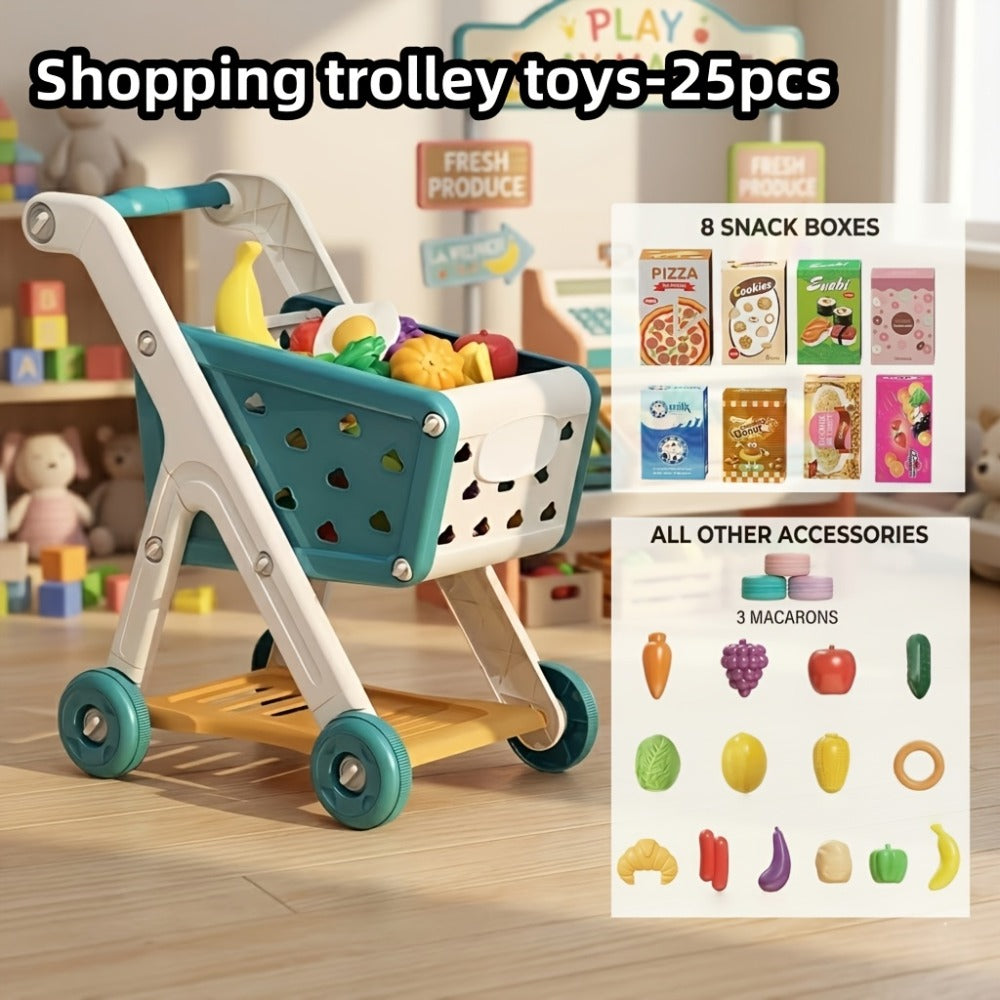 Kids Pretend Play Shopping Cart Toy Set with Realistic Food & Grocery Accessories, Supermarket Role Play for Toddlers Girls B