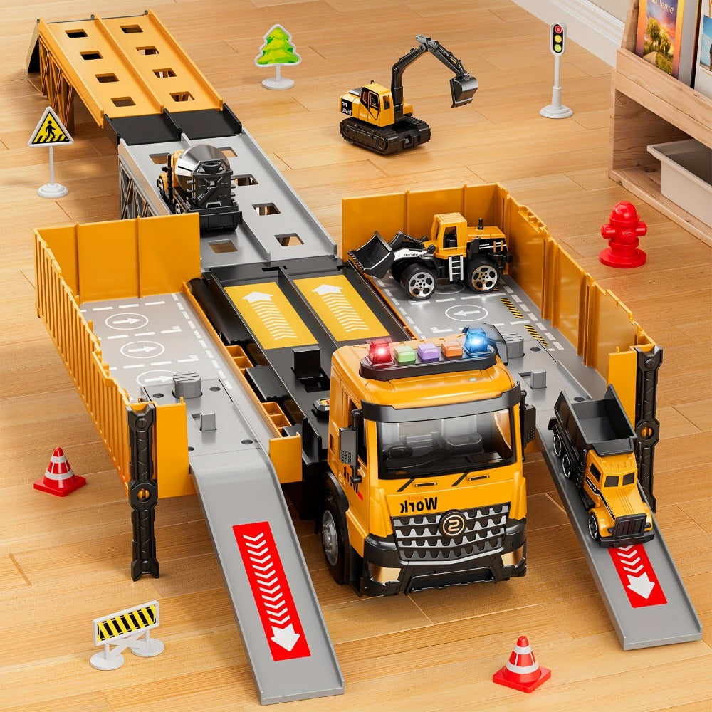 Construction Vehicle Container Truck Toy Set with Crane & Foldable Double Race Track, 4 Alloy Trucks — image 6
