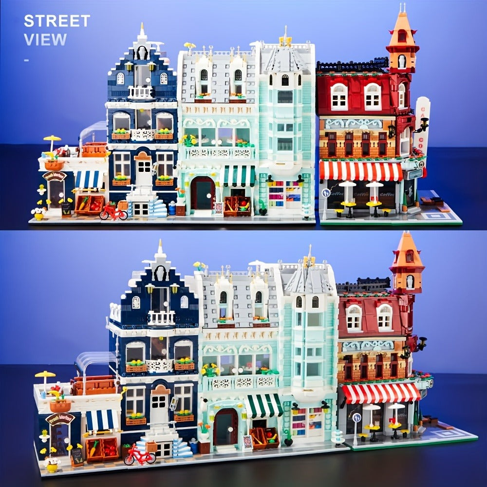 Modular City Building Blocks Set – European Architecture Grocery Store & Market Street, 3-Level Mini Brick Model Kit for Adul