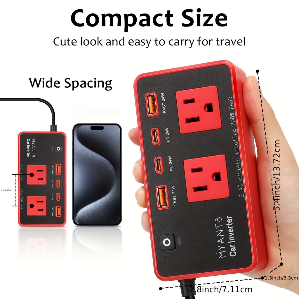 Red 200W Car Power Inverter with Two AC Outlets, USB-A and USB-C Ports, Switch and 12V Plug — image 3