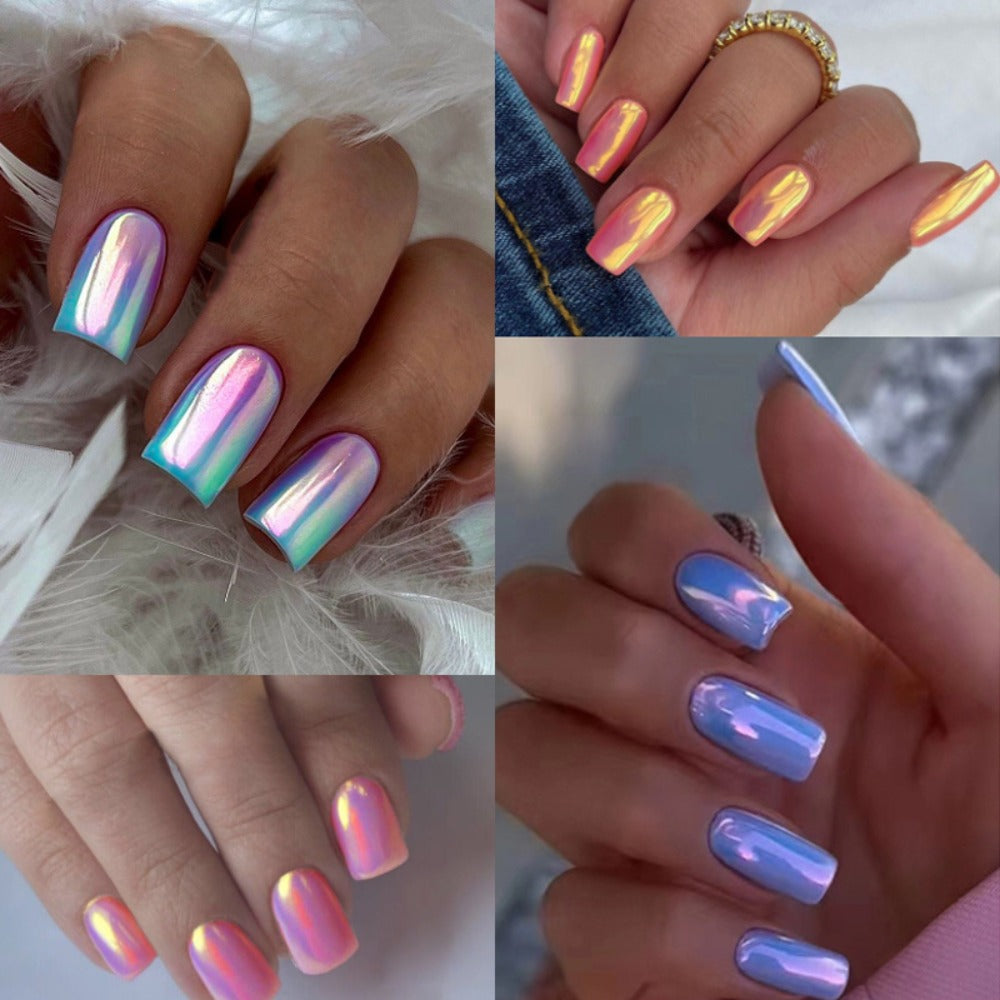 Press On Nails 96-Piece Short Square Set with Pink Chrome Mirror Metallic Full-Cover Finish — image 19