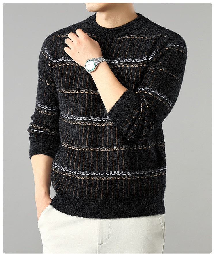 Mens Knitted Fleece-lined Thick Crew-neck Faux Mink Sweater