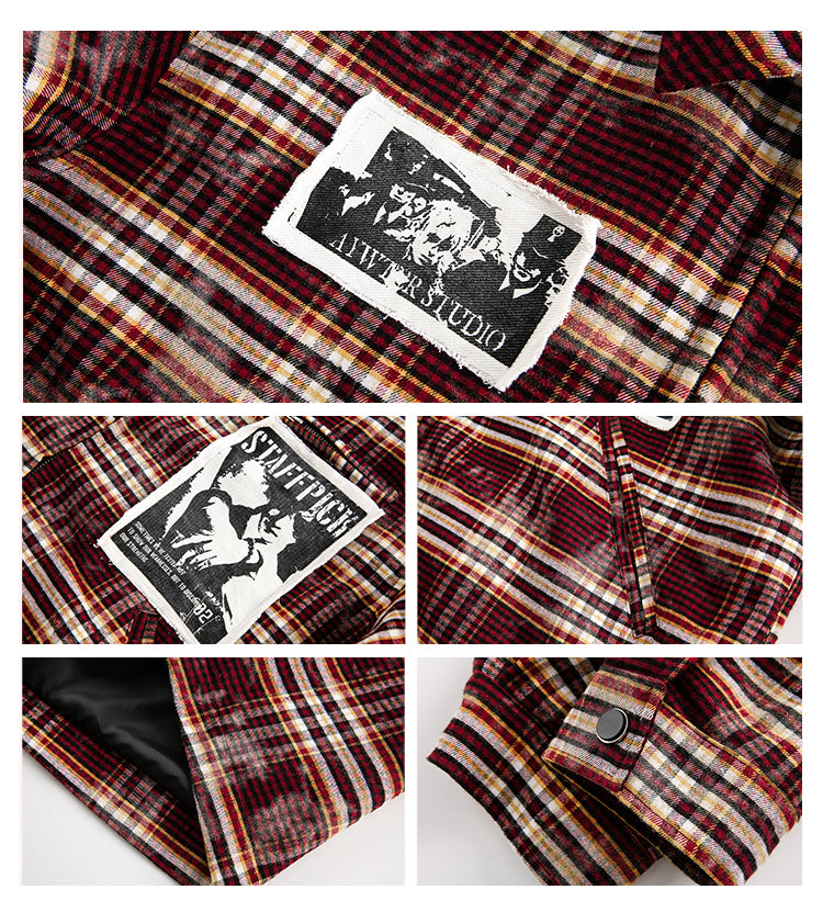 Retro Illustration Plaid Patch Jacket For Women Baggy Coat
