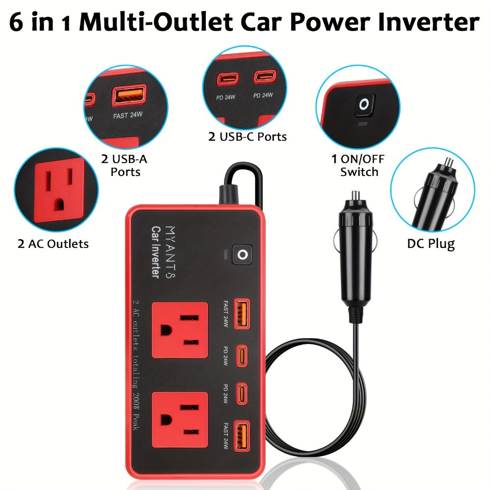 Car Power Inverter 200W – 12V DC to 110V AC, 4 USB Ports (PD & QC 3.0), Fast Charging Car Outlet Adapter for Road Trips — ima