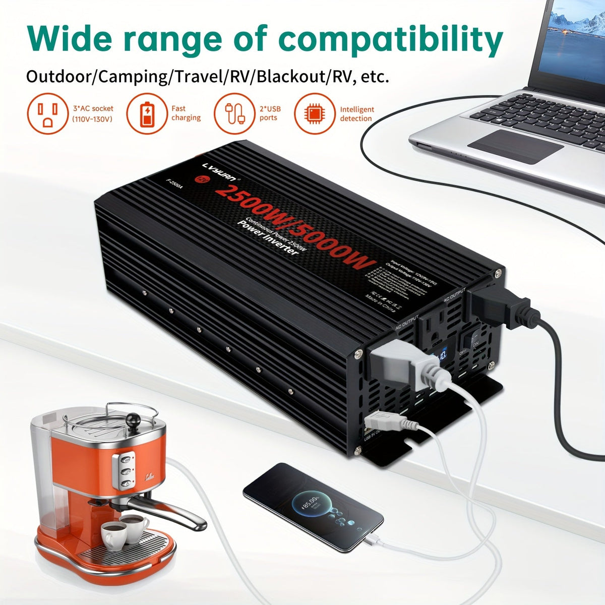Black or Red 12V DC to 110V AC Power Inverter with 500W or 2500W Model Options, Display and USB Port — image 4