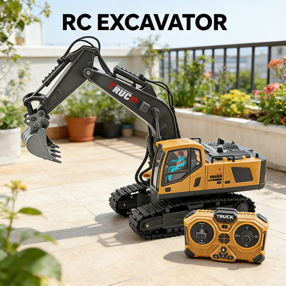 RC Excavator Toy 1:24 Scale 2.4GHz 9-Channel Remote Control with Alloy Metal Cap Lights & Sound Rechargeable Battery — image 