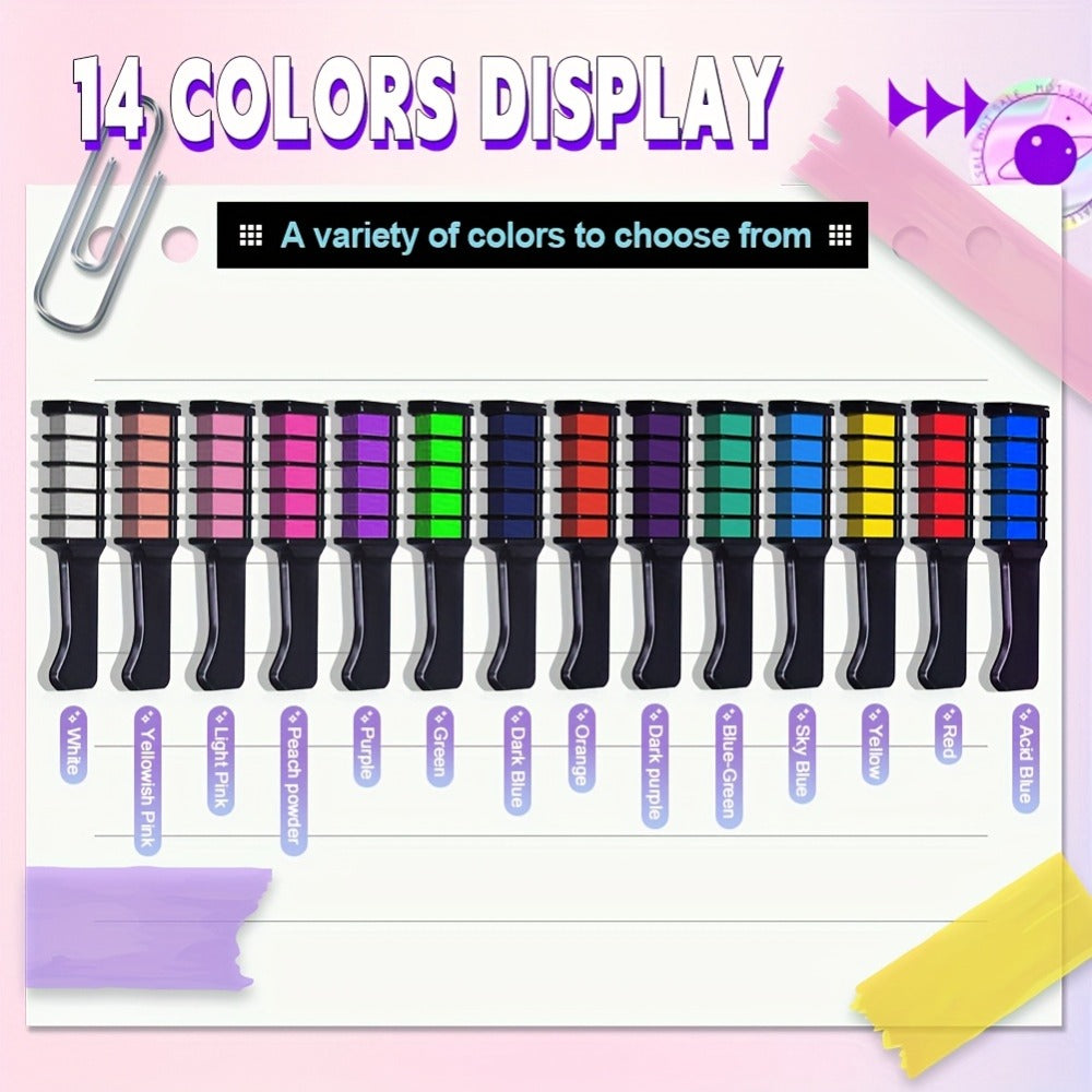 Temporary Hair Chalk Comb Set 14 Colors, Hair Color Sticks with Plant-Based Squalane & Glycerin, Vibrant Streaks for Parties 