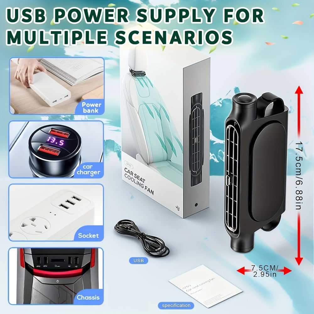 Bladeless Car USB Fan – 3-Speed Silent Cooling, Fits All Vehicles, Car Seat Fan with USB Charging Cable, Black & White — imag
