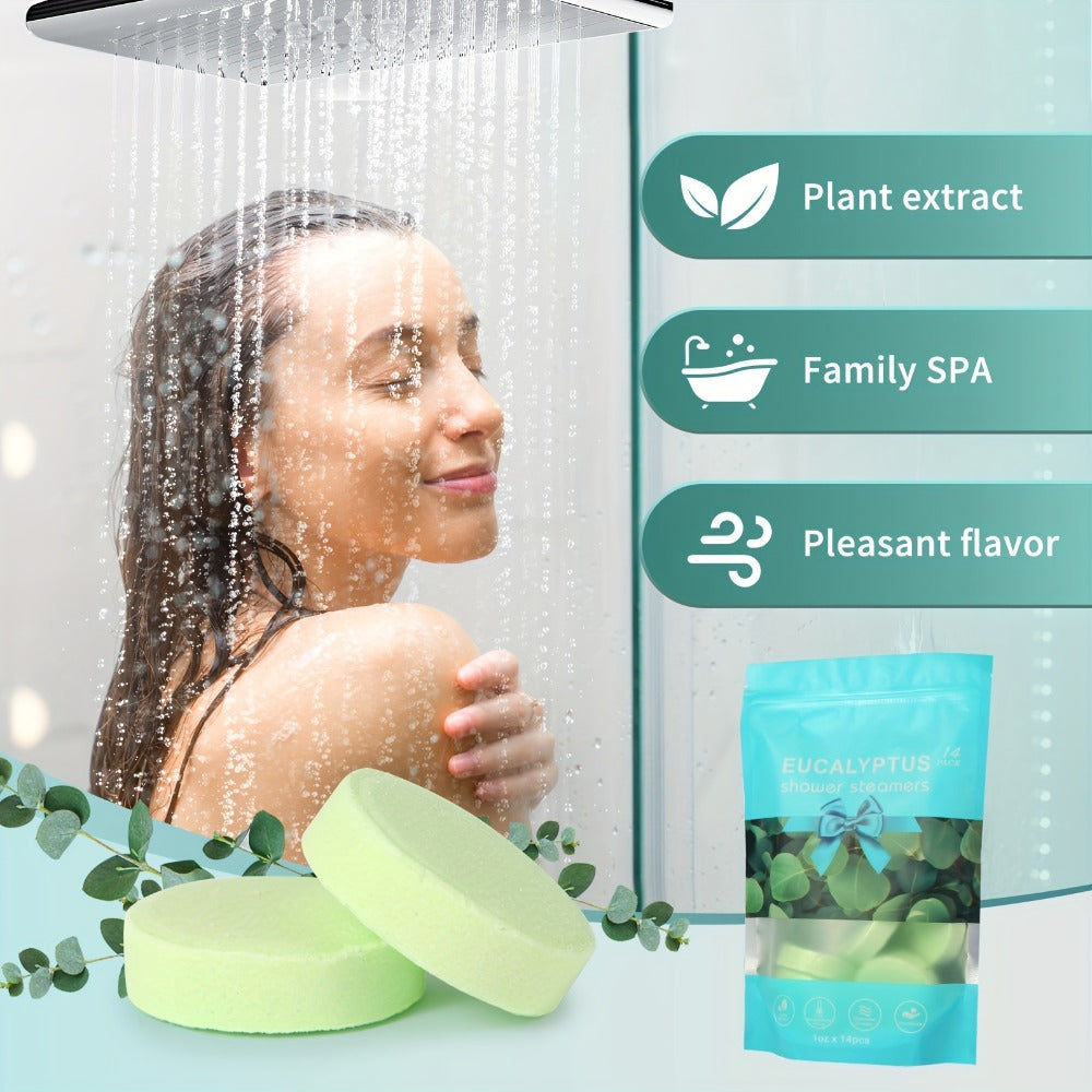 Fourteen Green Eucalyptus-Labeled Shower Steamer Tablets with 30 g Pieces in a Resealable Display Bag — image 2