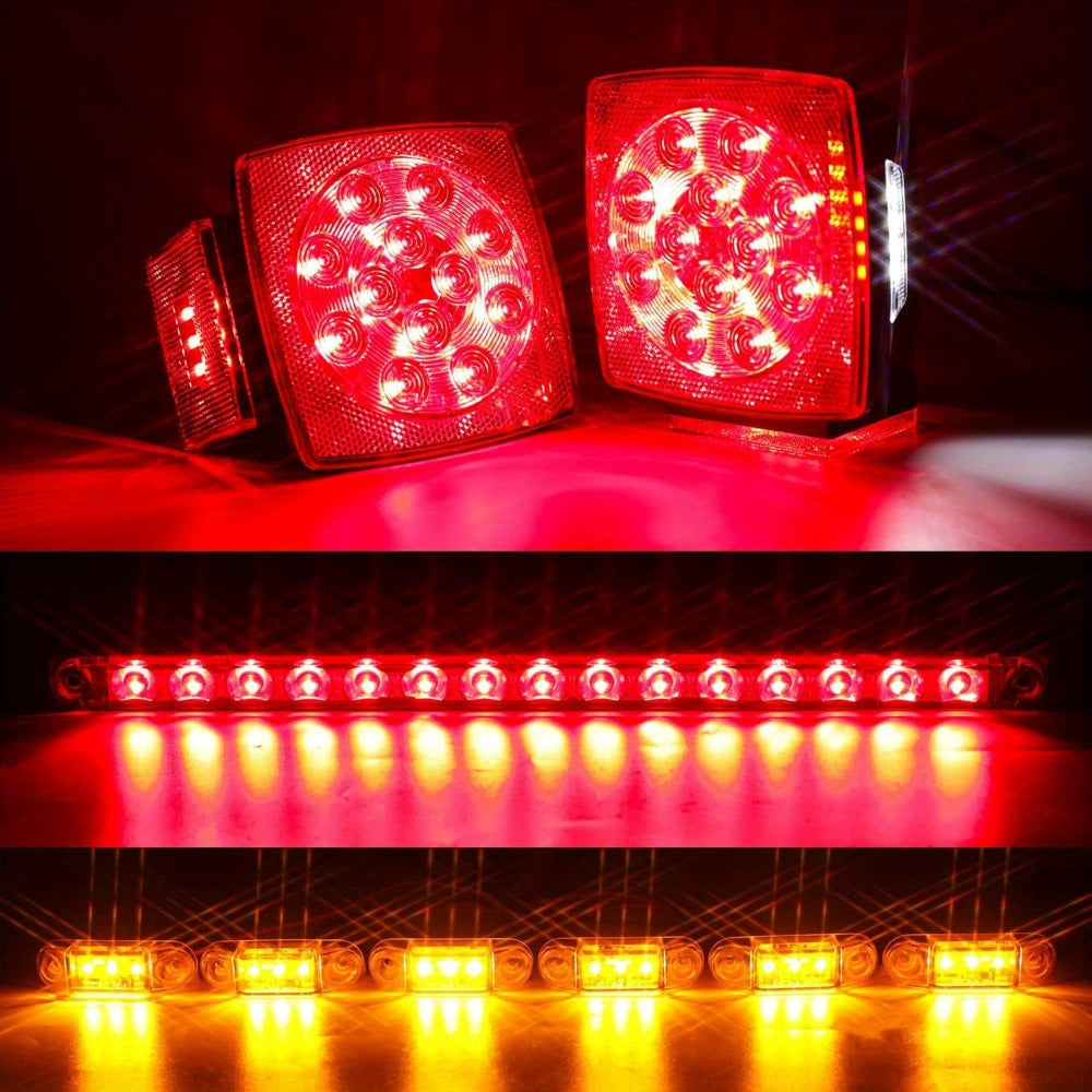 LED Trailer Light Kit with Wire Harness – Tail Lights, Amber Marker Lights & Brake ID Bar, 12V, Fits Boat Trailer Camper Truc
