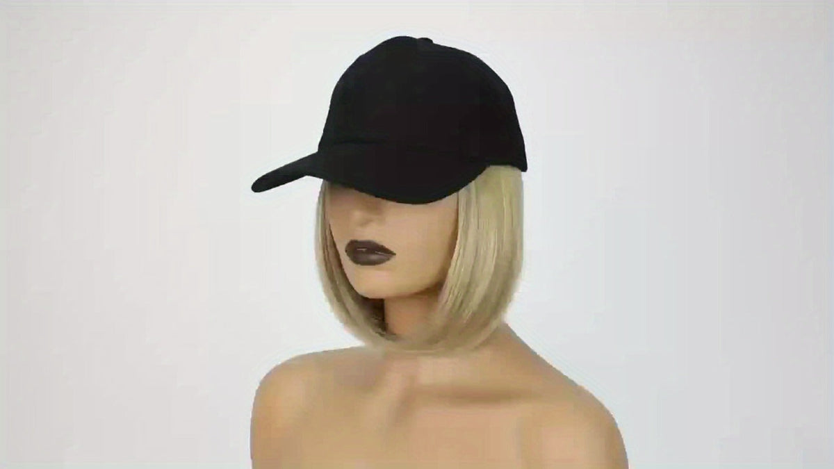 Baseball Cap Wig Women 2-in-1 Short Bob 12 Inch Glueless Synthetic Straight Breathable Adjustable Heat Resistant Natural Look