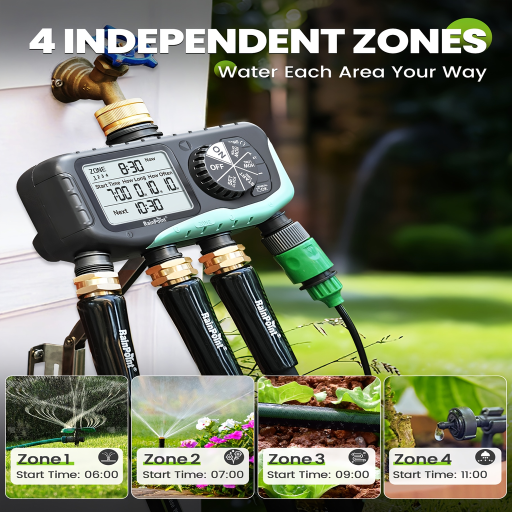 Garden Irrigation System 4-Zone, Automatic Watering Controller with Brass Head, Manual & Rain Delay Modes — image 6