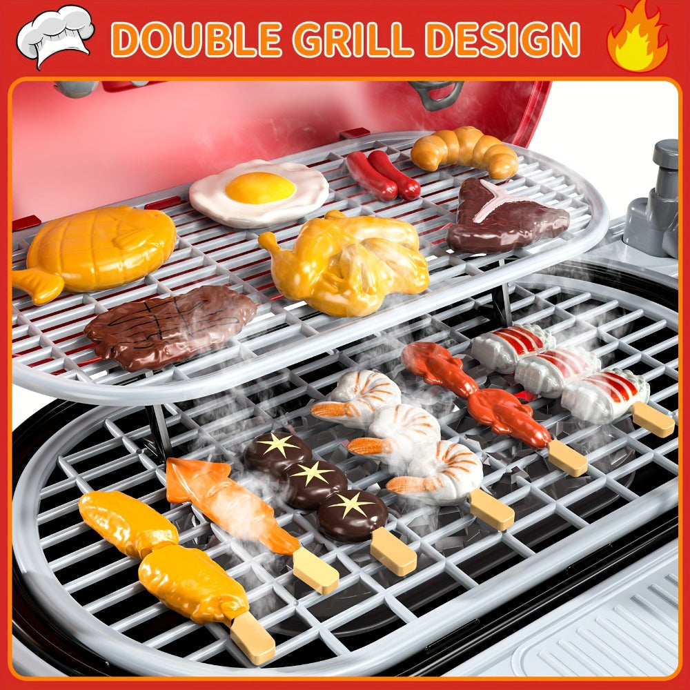 Kids BBQ Grill Playset Two-Tier for Grilling, Camping and Outdoor Meals with Toy Food Meats Fruits Spices & Working Water Tap