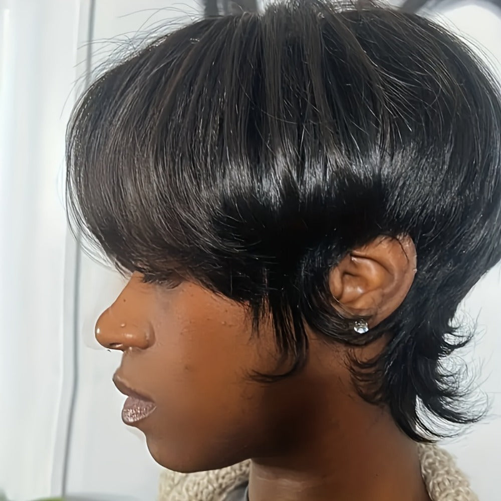 Pixie Cut Wig Human Hair with Bangs Glueless Short Brazilian Layered Machine Made Throw-On-and-Go Hairpiece Natural Black 1B 