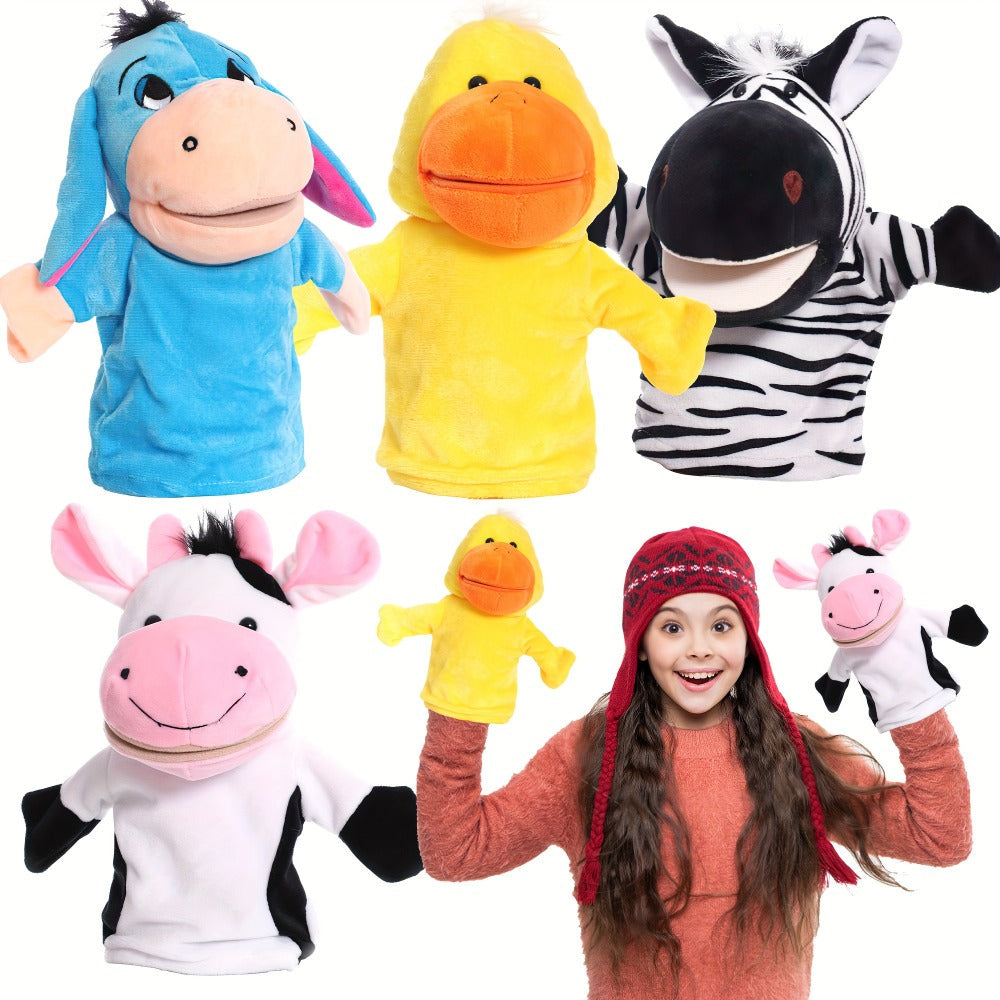 Four-Piece Animal Hand Puppet Set with Blue Donkey, Yellow Duck, Zebra and Pink Cow Designs — image 1