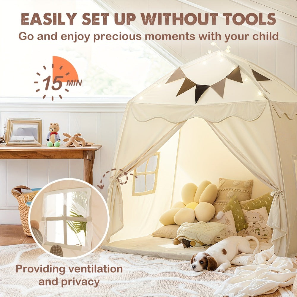 Kids Play Tent with Star Lights & Flags, Extra Large Indoor Outdoor Playhouse with Windows for Reading & Pretend Play — image