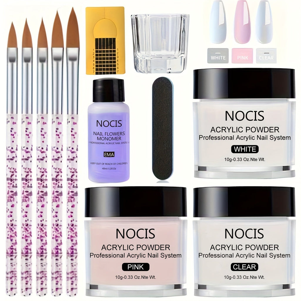 Acrylic Nail Kit NOCIS Clear, Pink and White Powder Set with Liquid Monomer, Five Brushes, File and Mixing Cup — image 10