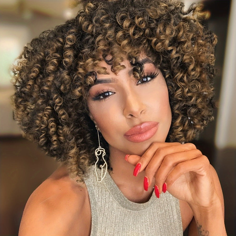 Synthetic Wig 14-Inch Kinky Curly Afro with Bangs, 180% Density and Stretch Net Cap for Daily Style — image 1